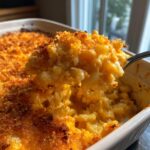 A spoonful of creamy, cheesy baked mac and cheese recipe being lifted from a casserole dish, showing a golden brown crust.