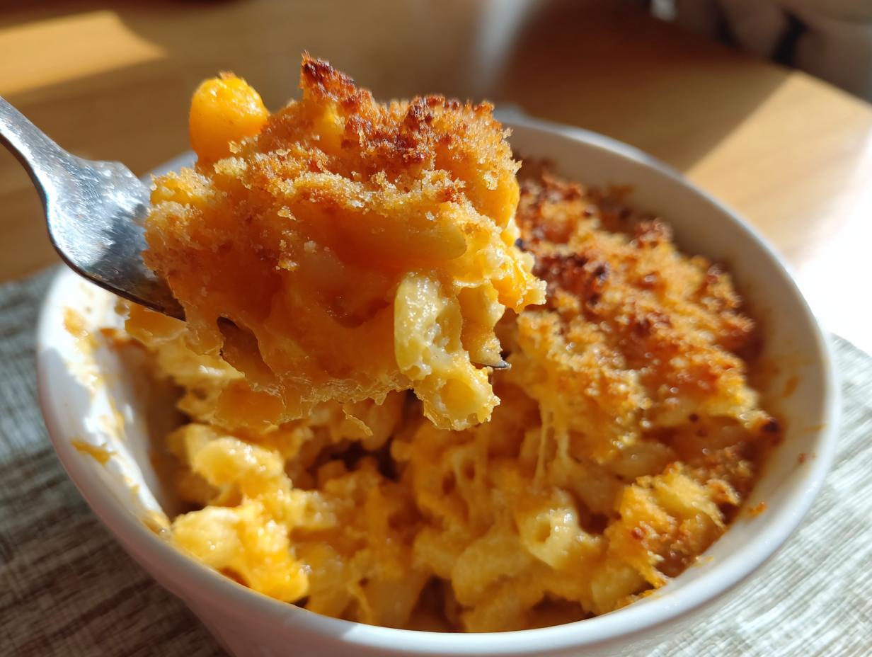 A spoonful of creamy, cheesy baked mac and cheese recipe lifted from a white ramekin, showing a crispy topping.