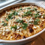 Close-up of a hot, baked mexican street corn dip topped with crumbled white cheese and fresh cilantro.