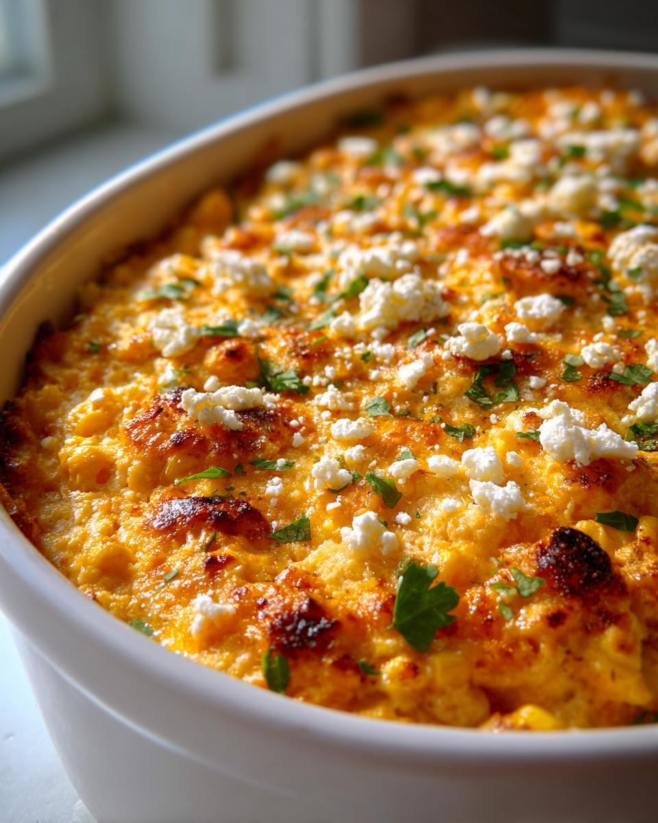 Close-up of a baked, cheesy Mexican street corn dip topped with crumbled white cheese and parsley.