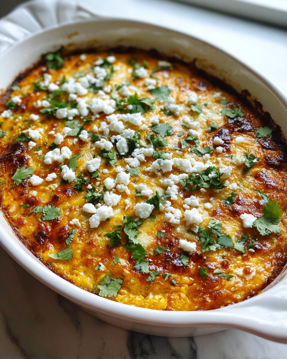 Close-up of a baked mexican street corn dip, golden brown and topped with crumbled white cheese and fresh cilantro.