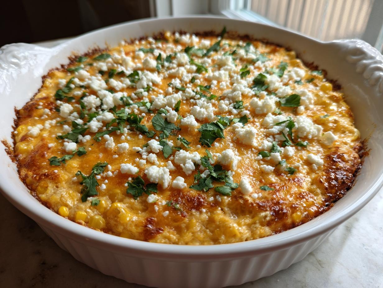 A baked, cheesy Mexican street corn dip topped with crumbled white cheese and fresh cilantro in a white baking dish.