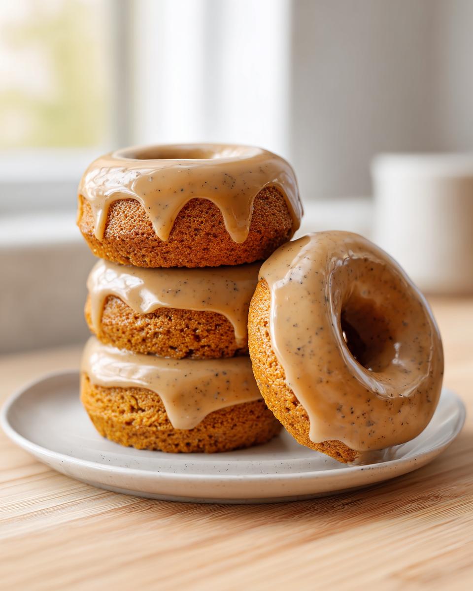 A stack of three and one leaning baked pumpkin donuts covered in a speckled caramel glaze.