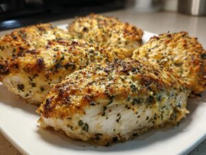 Four golden-brown baked ranch chicken breasts seasoned with herbs, ready to serve.