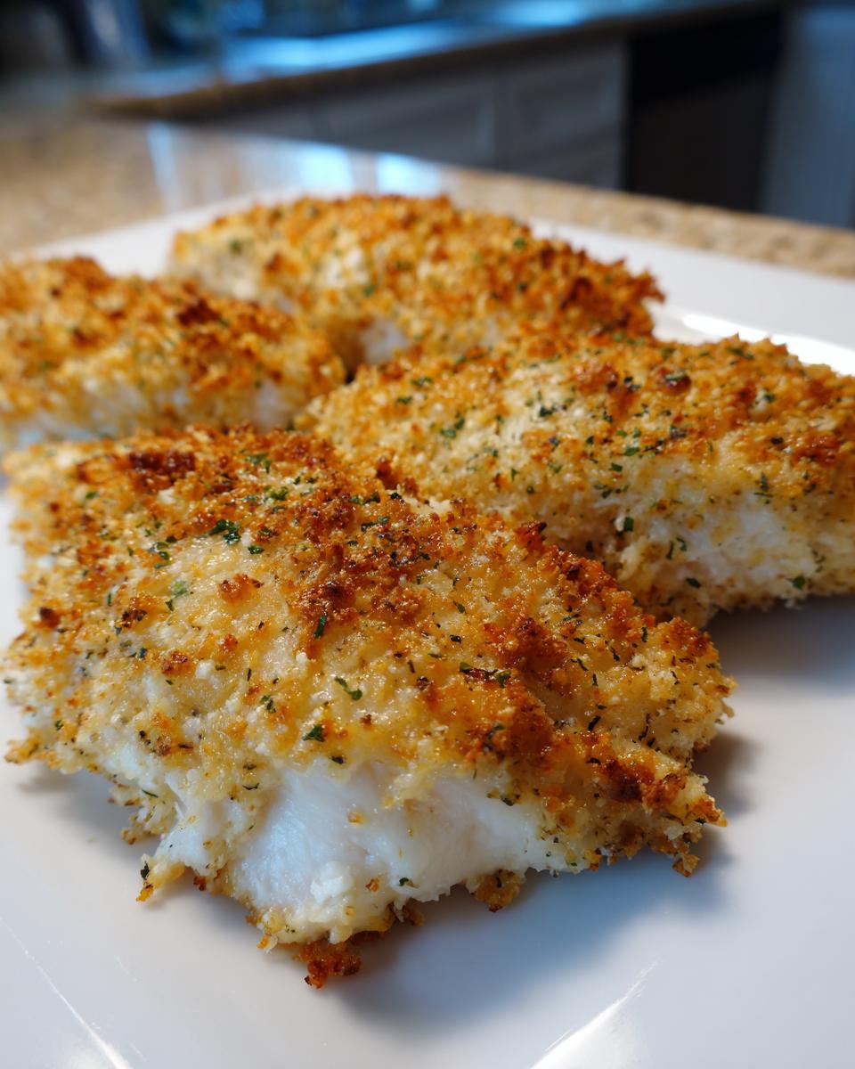 Close-up of juicy baked ranch chicken pieces with a golden, crispy breadcrumb coating.