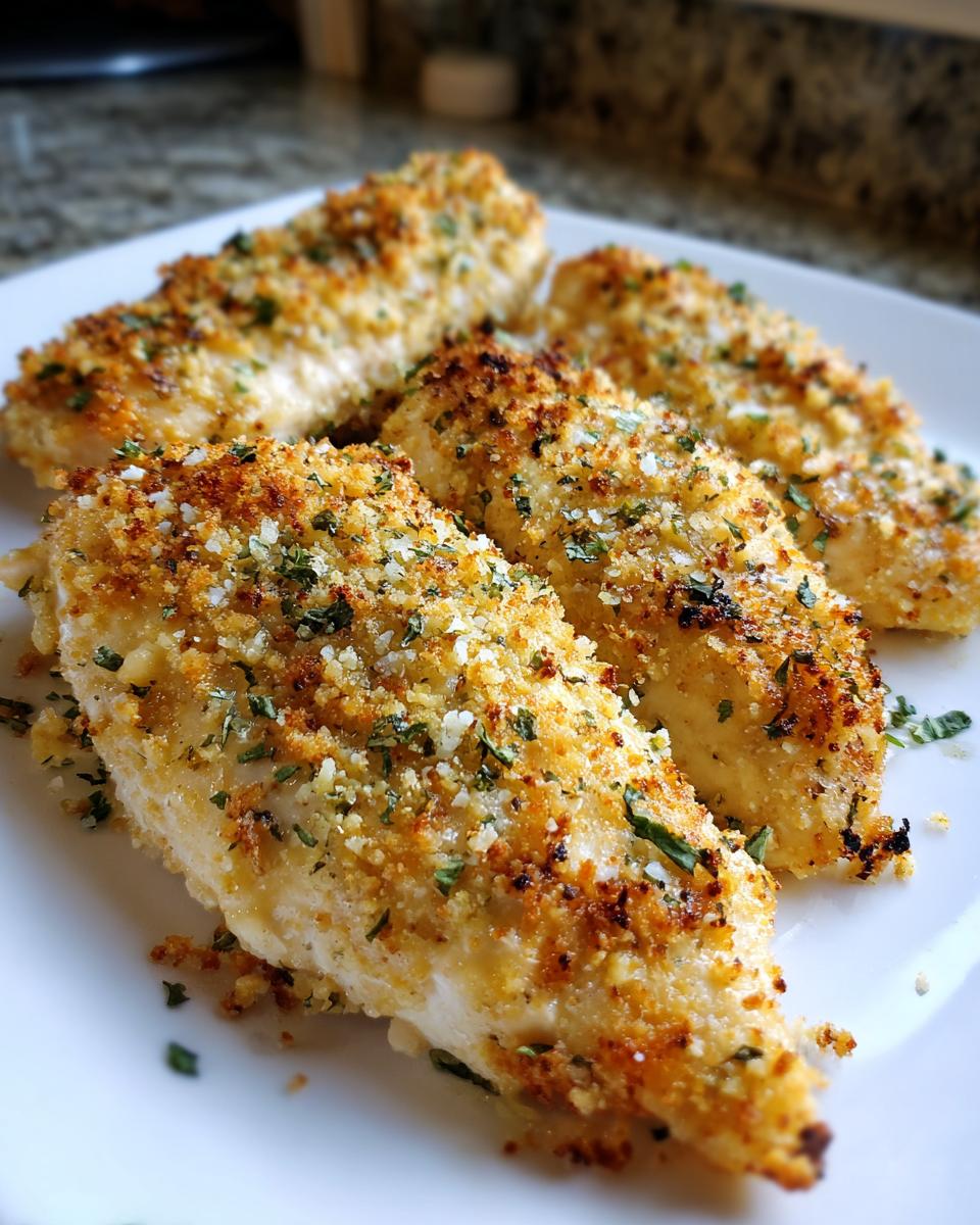 Four golden brown pieces of baked ranch chicken with a crunchy, herbed breadcrumb topping served on a white plate.
