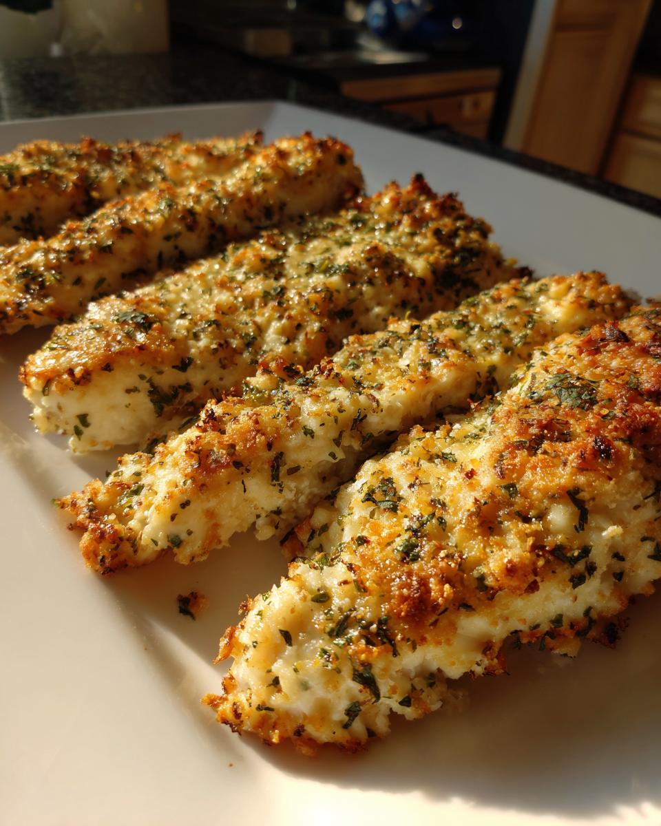 Four golden-brown pieces of baked ranch chicken, coated in crispy herbs and seasoning, resting on a white plate.