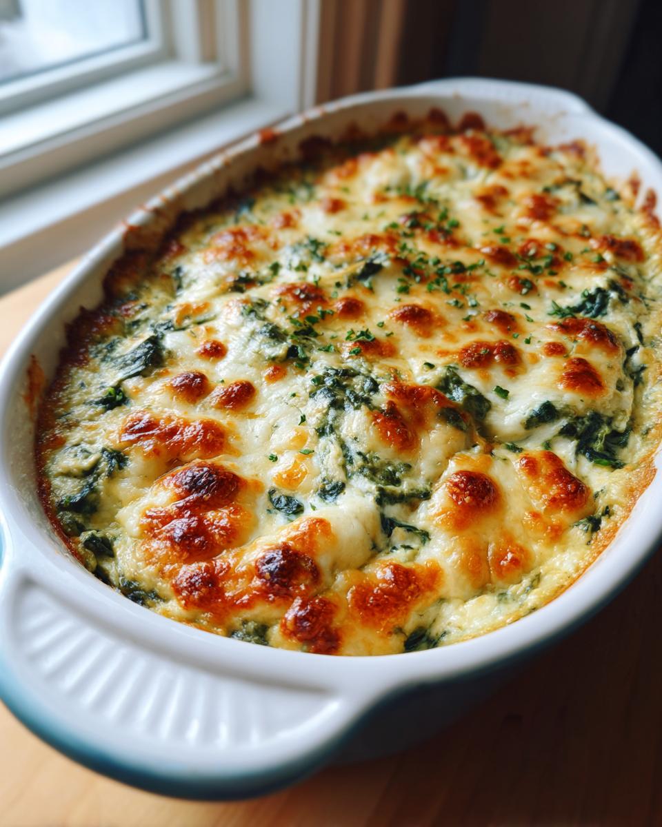 Close-up of a hot, cheesy spinach artichoke dip baked until golden brown in a white oval dish.