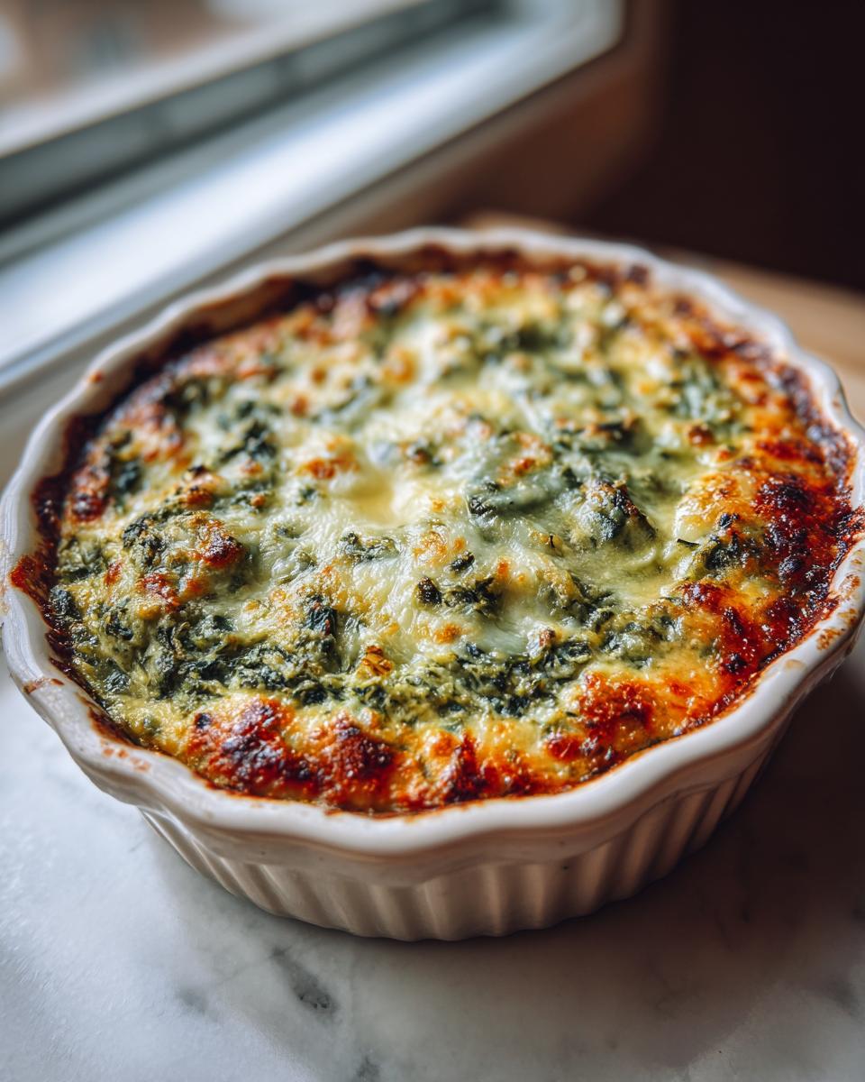 Close-up of a bubbling, cheesy baked spinach artichoke dip in a white fluted ramekin.