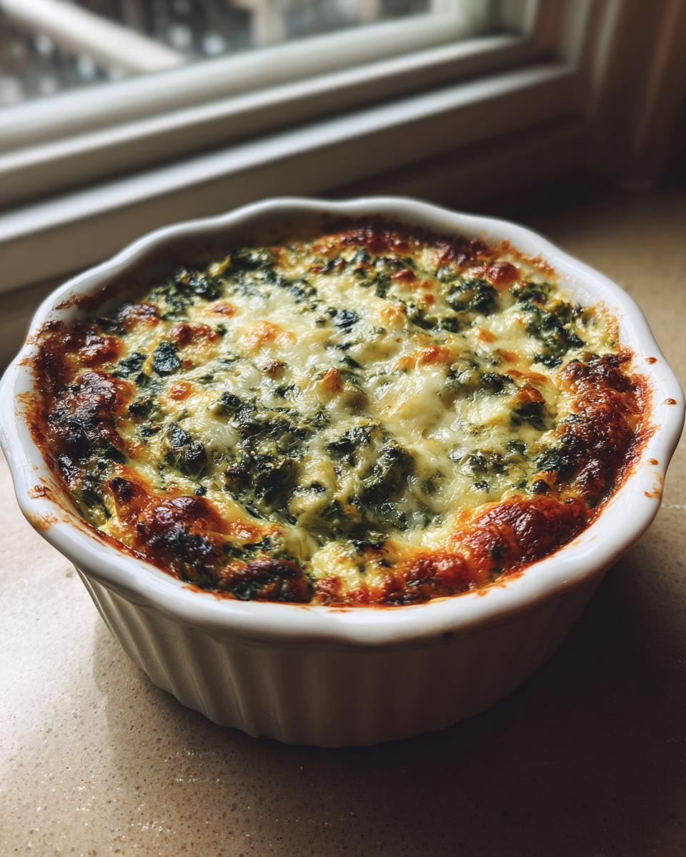 Close-up of hot, bubbly spinach artichoke dip baked golden brown in a white ramekin.