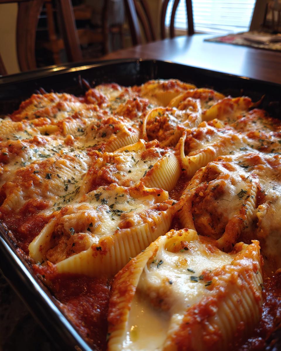 Close-up of baked stuffed shells covered in marinara sauce and bubbling, melted mozzarella cheese.