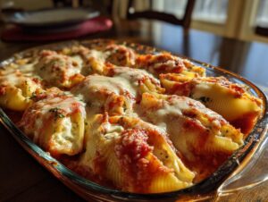 Close-up of baked stuffed shells covered in marinara sauce and melted mozzarella cheese, ready to serve.