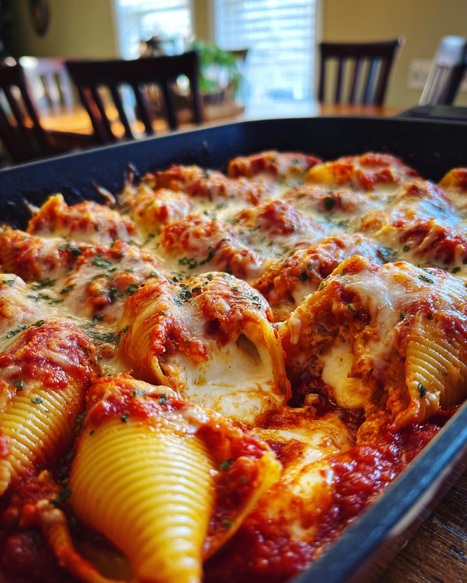 Close-up of baked stuffed shells covered in marinara sauce and melted, gooey mozzarella cheese.