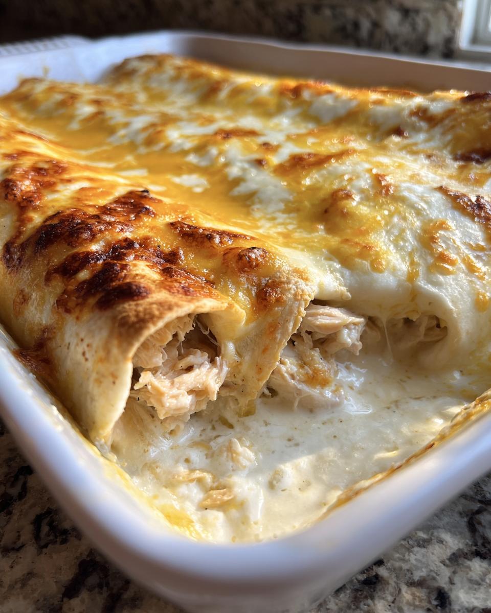 A close-up view of baked white chicken enchiladas smothered in creamy sauce and melted, slightly browned cheese.