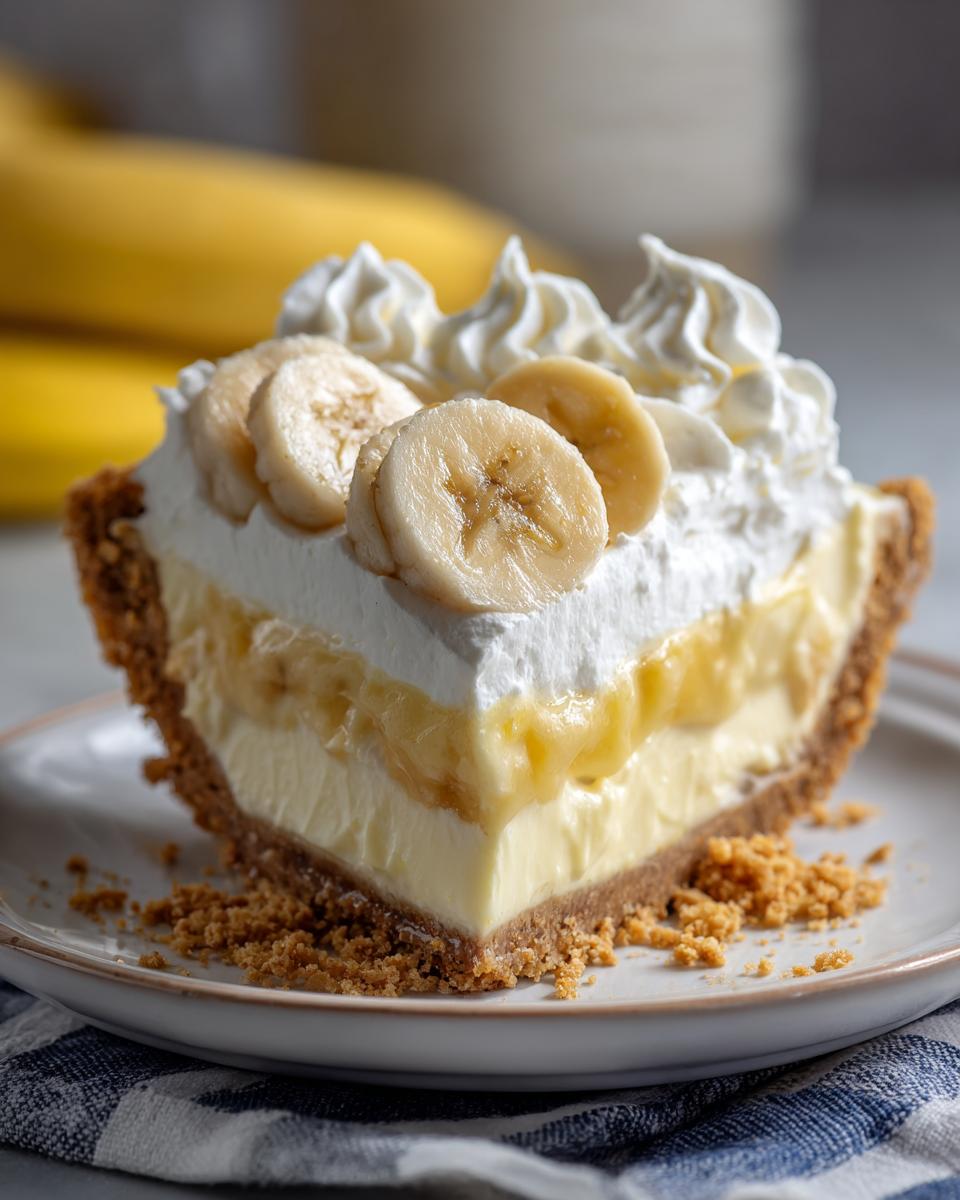 A decadent slice of banana cream pie recipe with graham cracker crust, custard, whipped cream, and fresh banana slices.