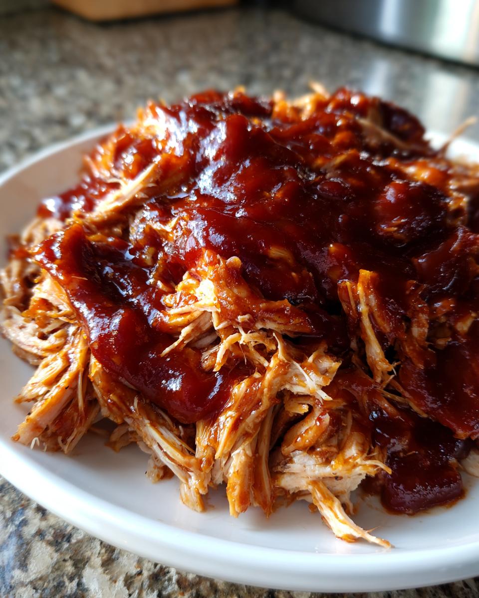 Close-up of shredded pulled chicken generously topped with rich barbecue sauce on a white plate.