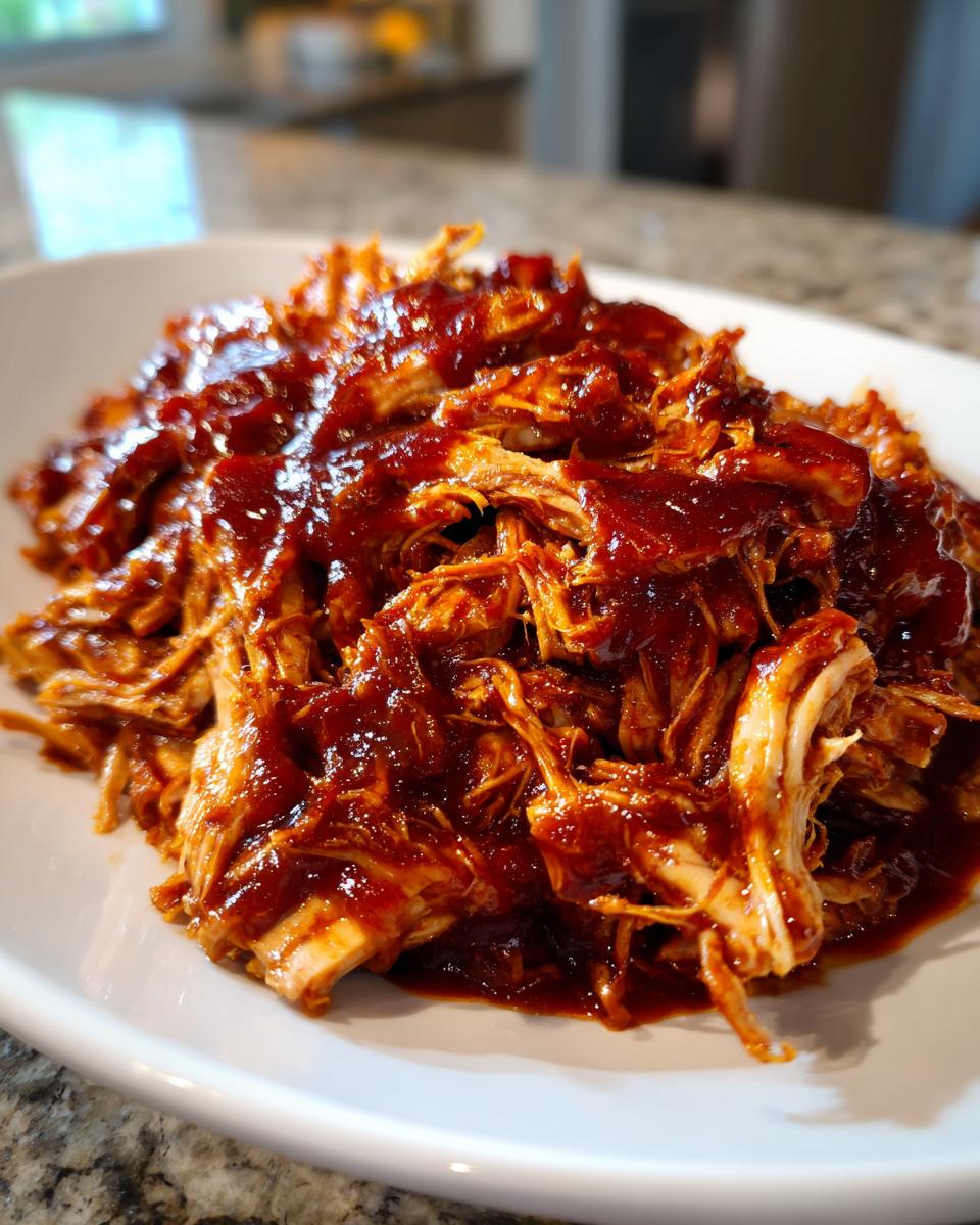 Close-up of tender pulled chicken smothered in rich, dark BBQ sauce, ready to serve.