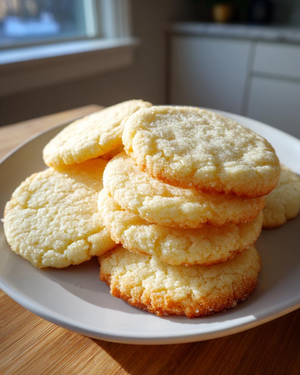 A stack of freshly baked, round sugar cookie dough cookies sprinkled with coarse sugar, sitting on a light plate.