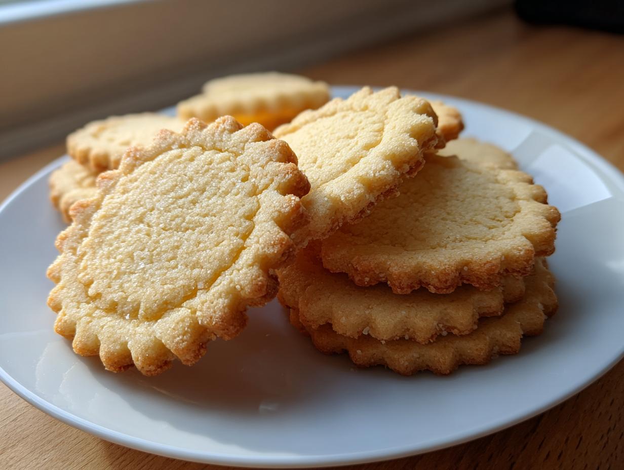Close-up of a stack of perfectly shaped, scalloped-edge sugar cookie dough that held its shape after baking.