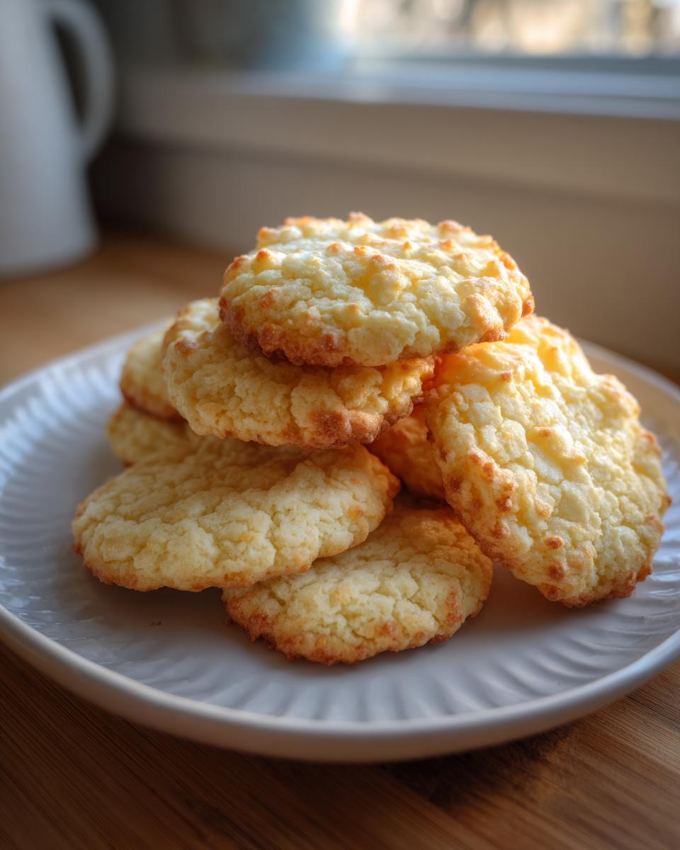A stack of golden-brown, craggy-topped sugar cookie rounds piled on a white plate.