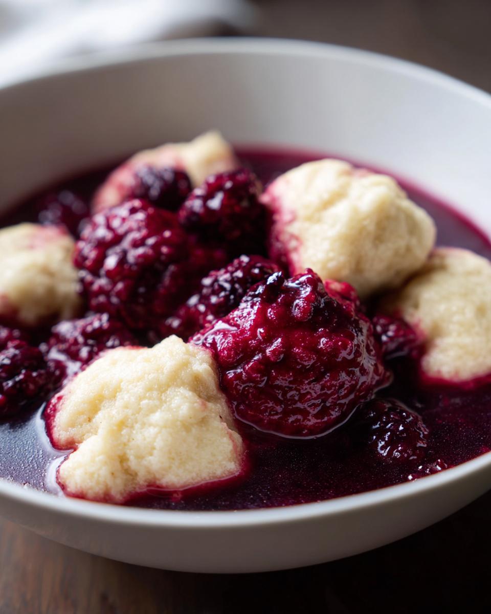 Close-up of soft, pale dumplings served in a rich, dark purple sauce filled with whole blackberries, showcasing Blackberry Dumplings.