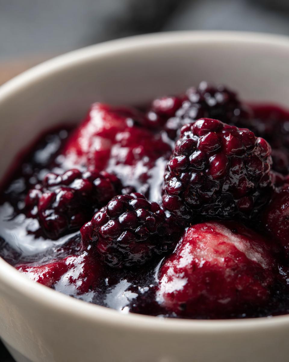 Close-up of warm Blackberry Dumplings submerged in rich, dark berry sauce.