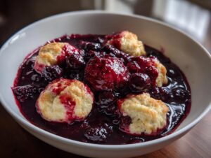 A close-up of warm Blackberry Dumplings served in a white bowl, swimming in rich, dark purple blackberry sauce.