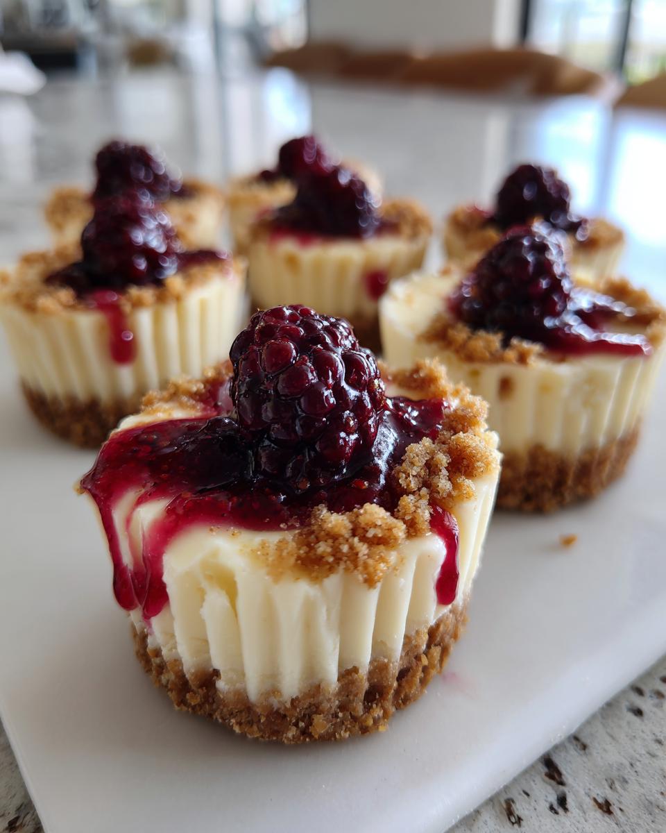 Close-up of several creamy mini cheesecake bites topped with blackberry jam and a fresh blackberry.