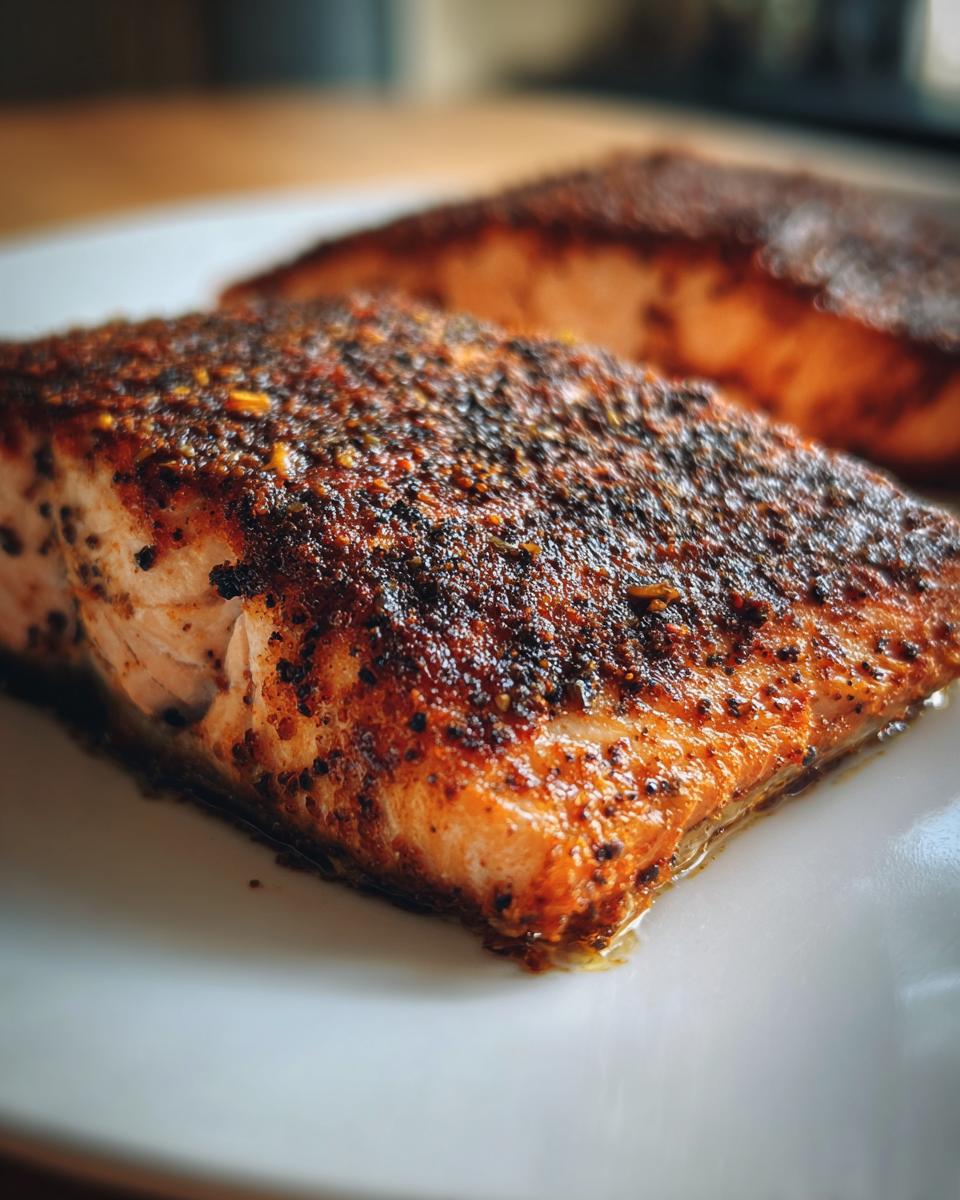 A close-up, macro shot of a perfectly cooked piece of blackened salmon, showing the dark spice crust.