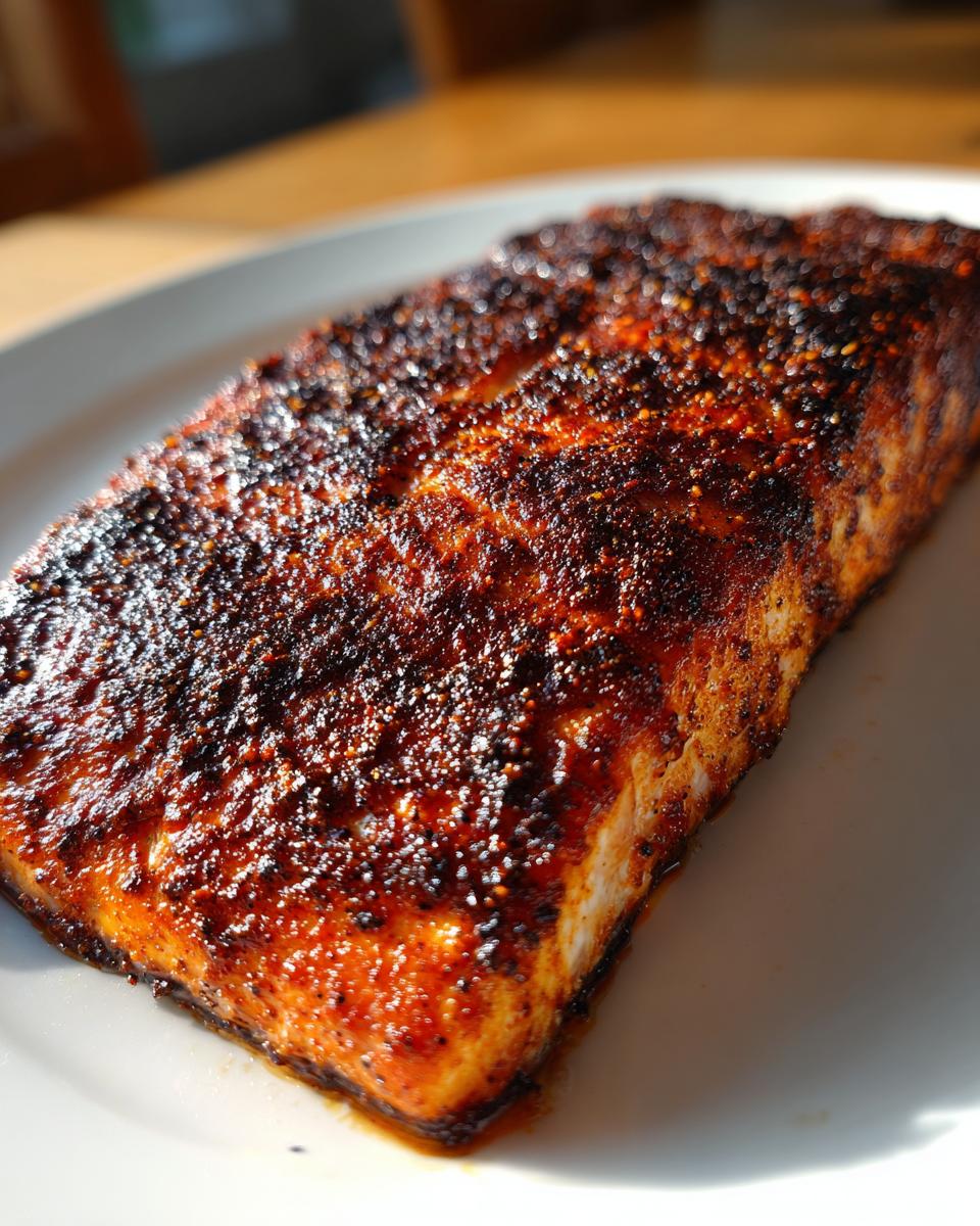 Close-up of a thick, perfectly cooked piece of blackened salmon with a dark, spicy crust.