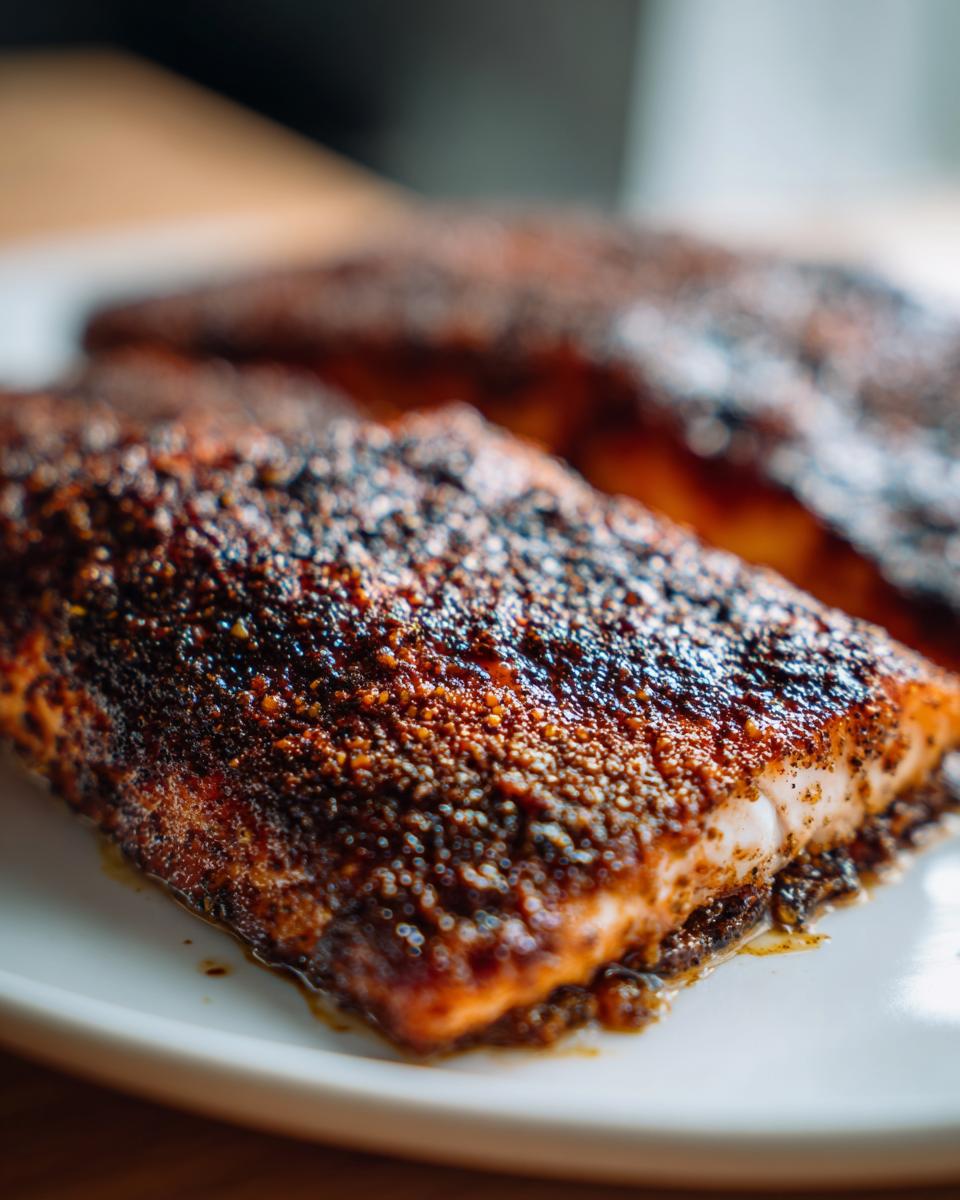 Close-up of a perfectly cooked blackened salmon fillet with a dark, spicy crust on a white plate.