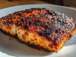 Close-up of a perfectly cooked blackened salmon fillet with a dark, spicy crust resting on a white plate.