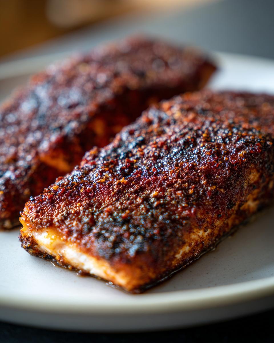 Close-up of two perfectly cooked blackened salmon fillets with a dark, spicy crust on a light plate.