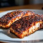 Two perfectly cooked fillets of blackened salmon resting on a light plate, showing a dark, spicy crust.