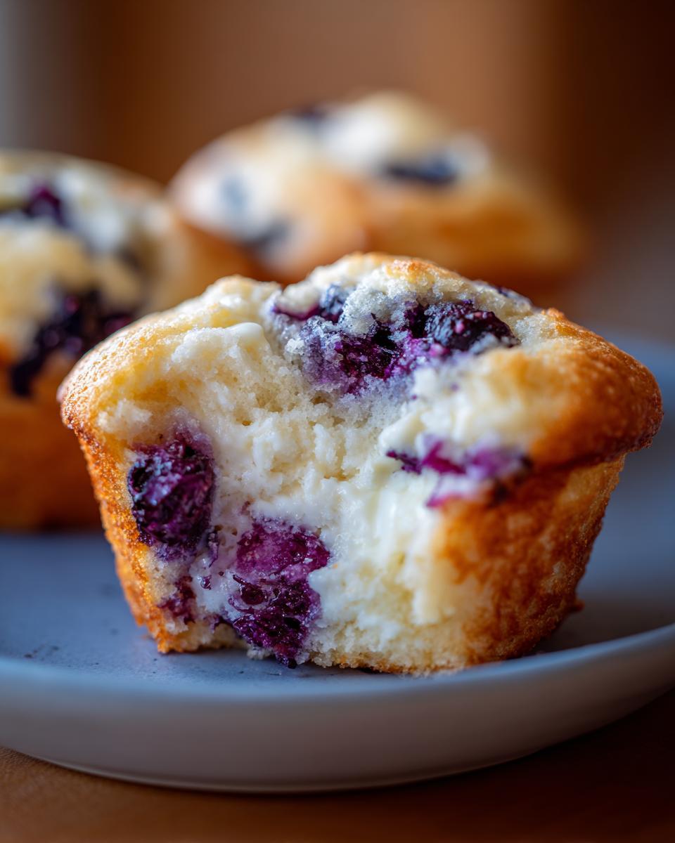 A close-up of a blueberry cream cheese muffins cut open, showing the creamy center and baked blueberries.