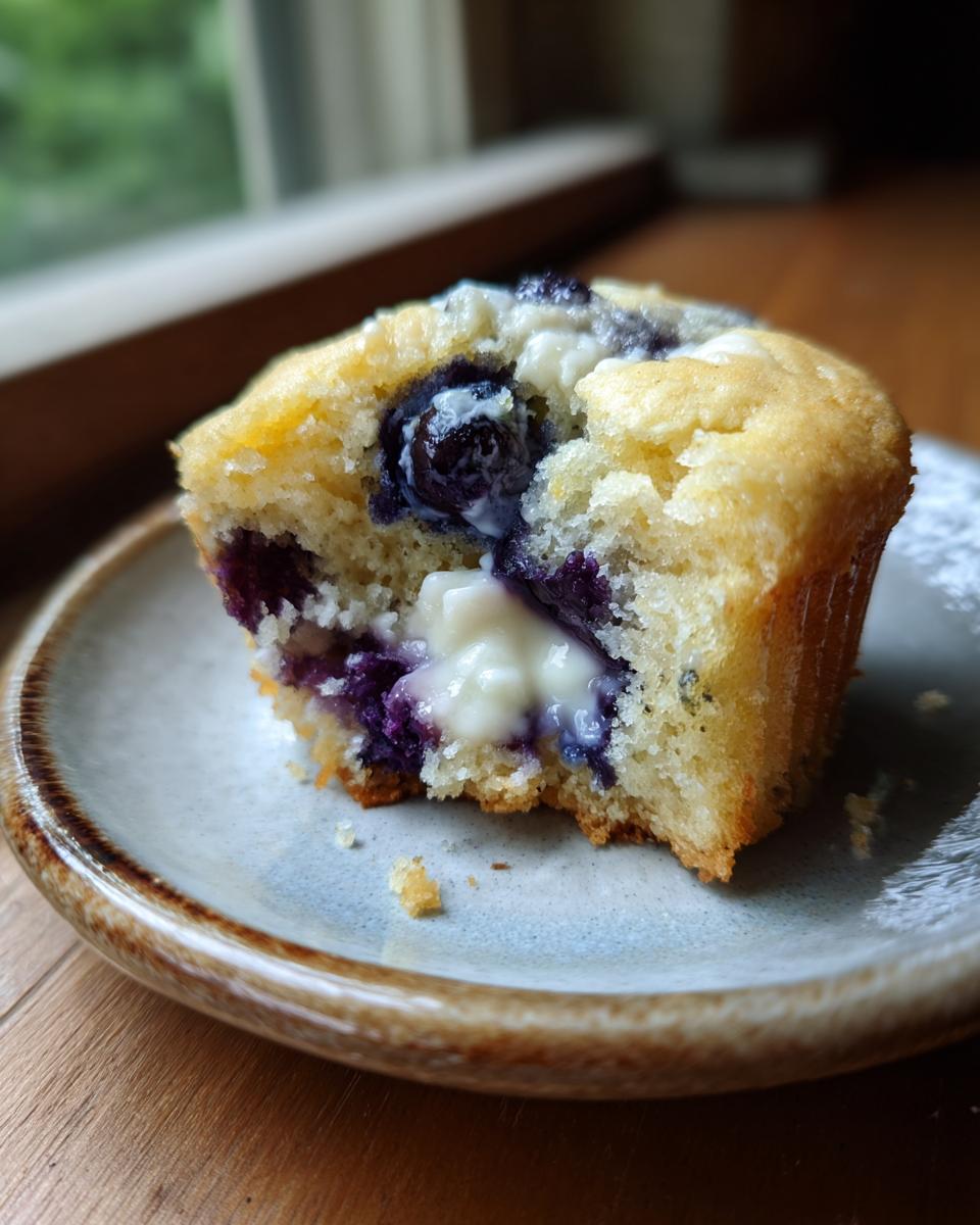 A bite taken out of a blueberry cream cheese muffin showing the soft interior and melted cream cheese filling.