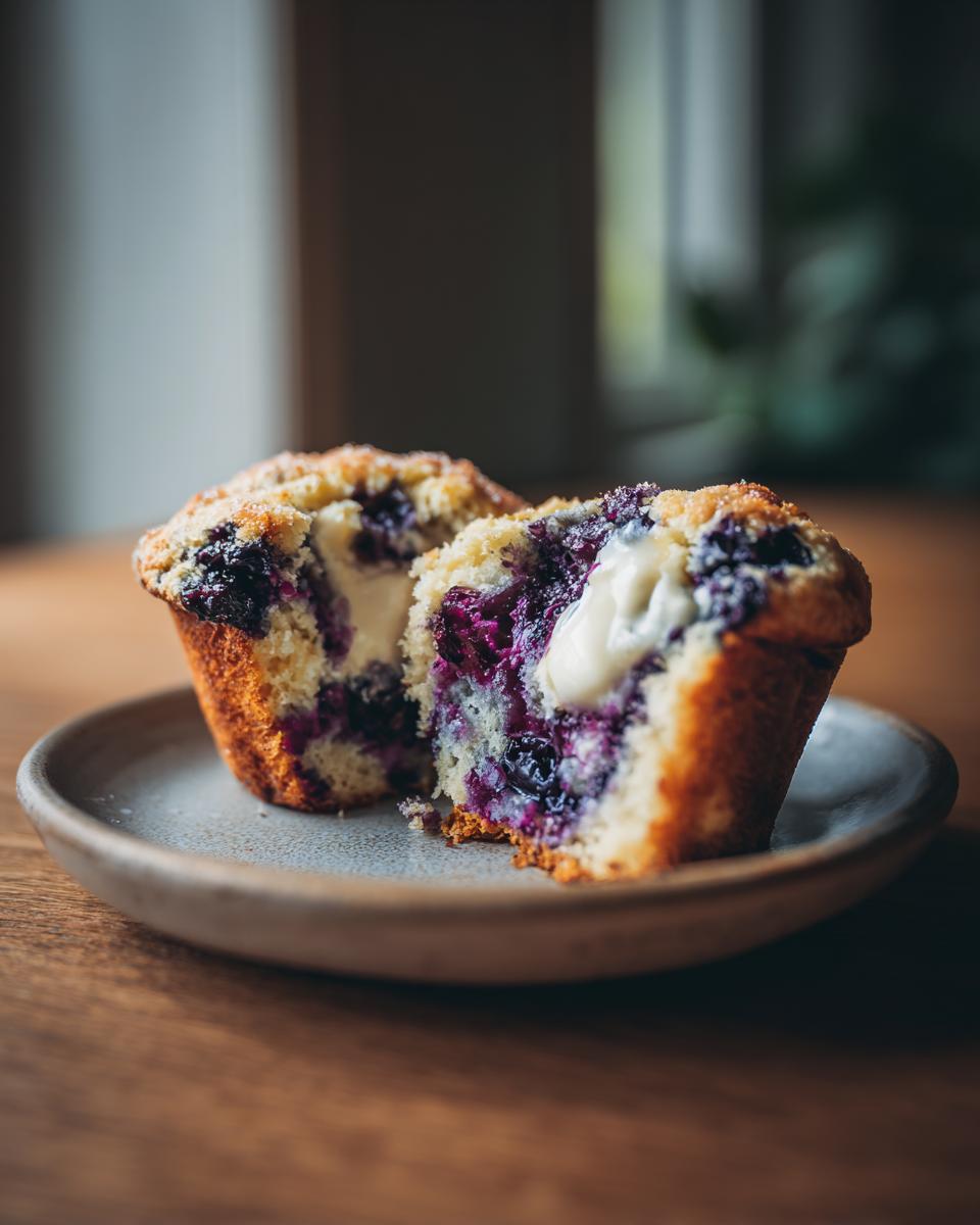 A blueberry cream cheese muffin cut in half showing the melted cream cheese center and juicy berries.