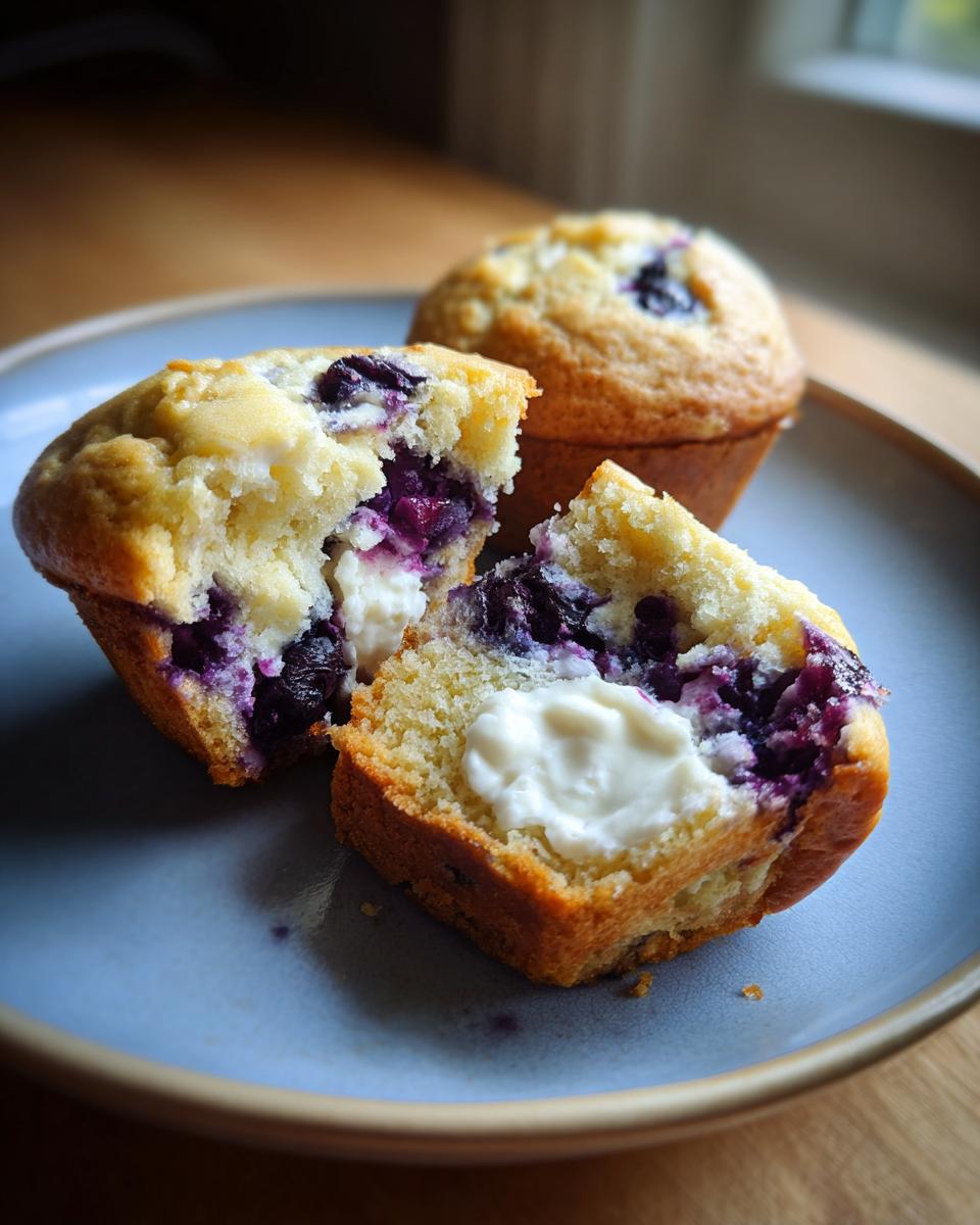 A blueberry cream cheese muffin is cut in half showing the creamy filling, with another whole muffin in the background.