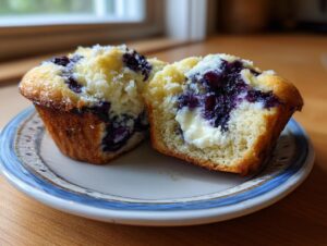 A blueberry cream cheese muffin cut in half showing the creamy filling and berries inside.