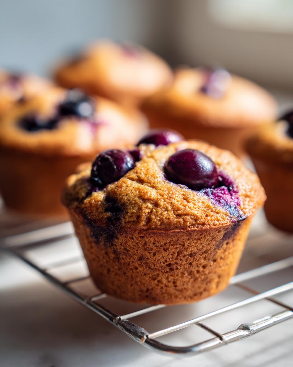 Close-up of a golden brown blueberry protein muffins cooling on a wire rack with more muffins blurred in the background.