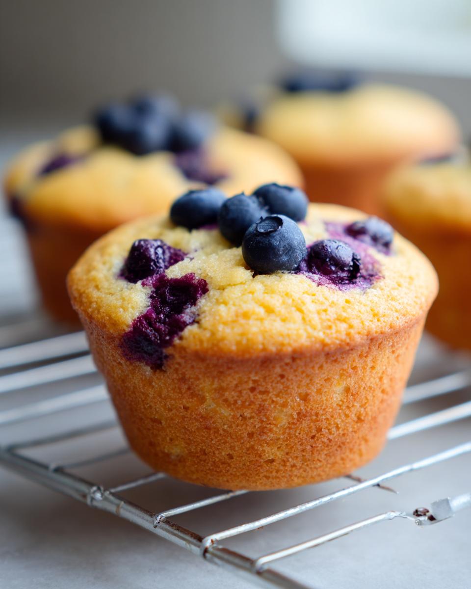 Close-up of a golden blueberry protein muffins cooling on a wire rack, topped with fresh blueberries.