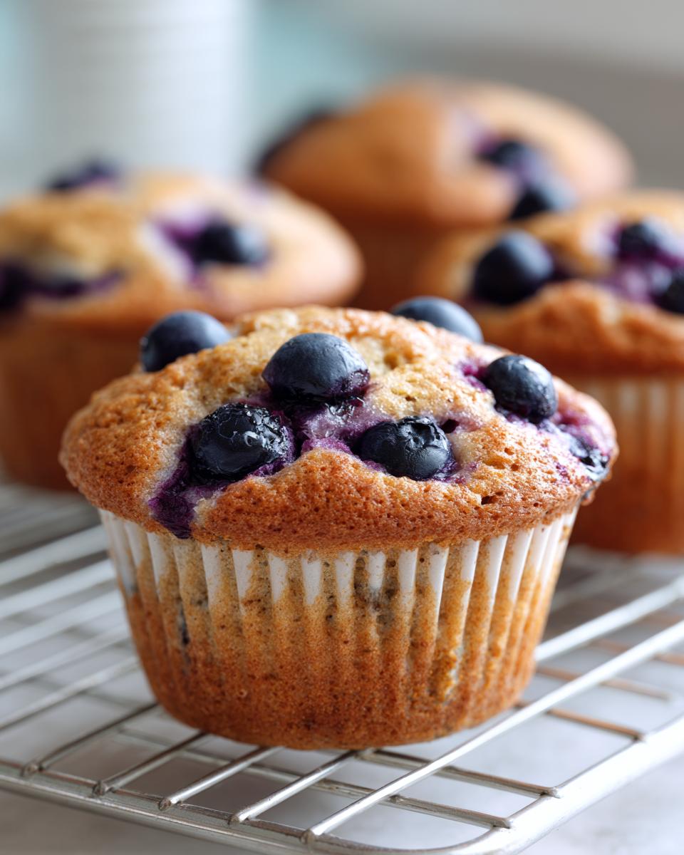 Close-up of a golden-brown blueberry protein muffins topped with fresh blueberries, resting on a wire cooling rack.
