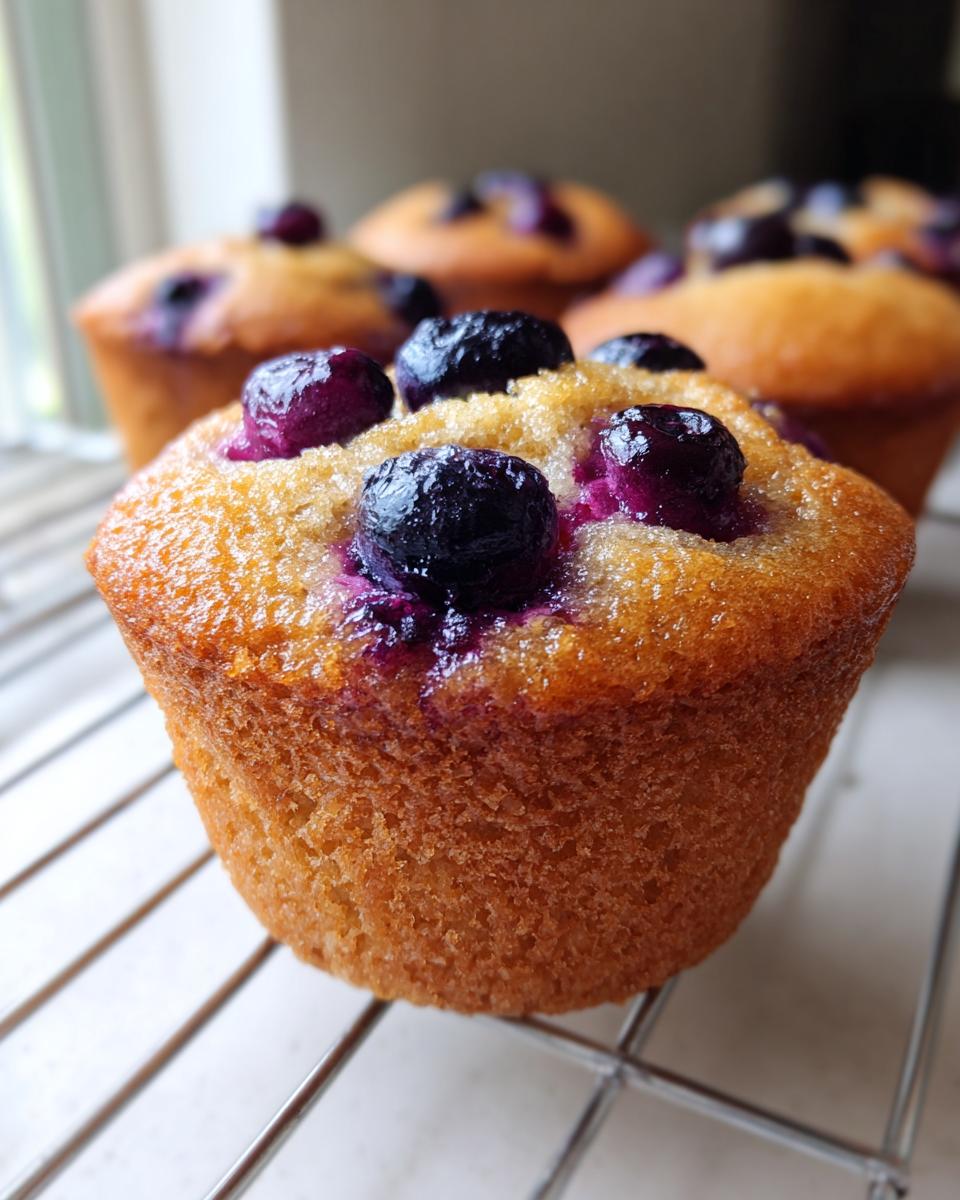 Close-up of a golden blueberry protein muffins topped with fresh blueberries cooling on a wire rack.