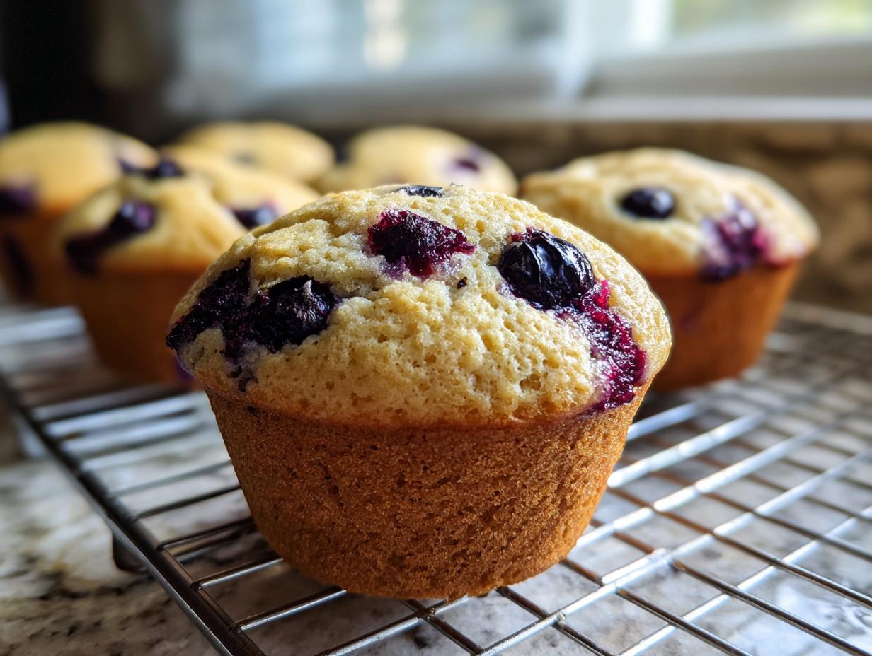 Close-up of a golden blueberry protein muffins cooling on a wire rack, showing visible blueberries.