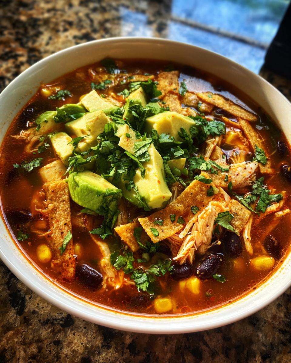 Close-up of a bowl of vibrant chicken tortilla soup recipe topped with avocado, tortilla strips, and cilantro.