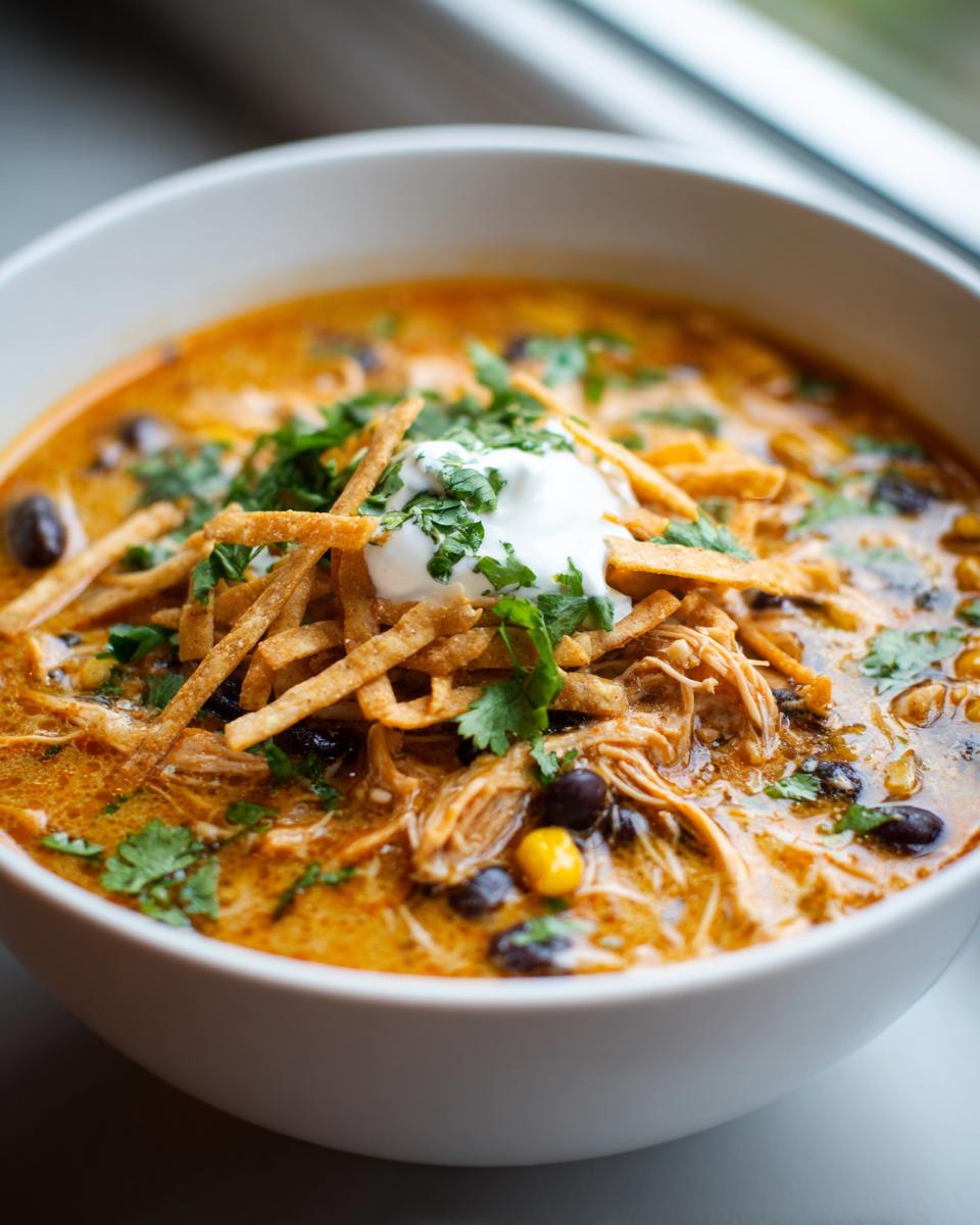 Close-up of a creamy bowl of chicken tortilla soup topped with shredded chicken, black beans, tortilla strips, sour cream, and cilantro.