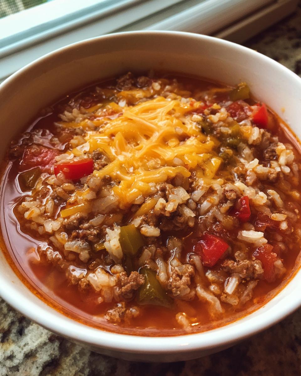 Close-up of a bowl of stuffed pepper soup with ground beef, rice, peppers, and melted cheddar cheese.