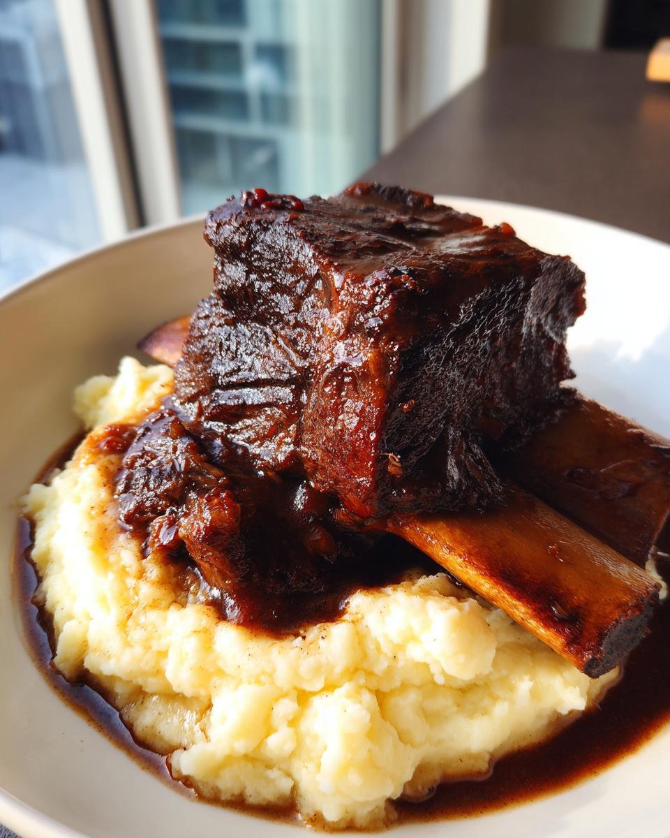 A close-up of tender braised short ribs glazed in dark sauce served over creamy mashed potatoes.