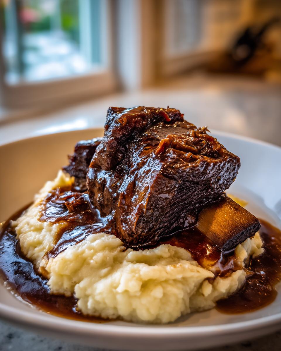 Two pieces of dark, glossy braised short ribs served over a mound of creamy mashed potatoes with rich gravy.