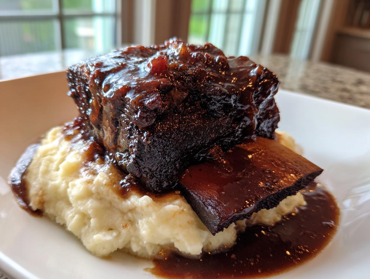 A single, rich braised short ribs serving, glazed in dark sauce, resting on mashed potatoes.